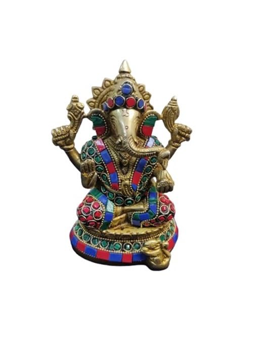 indiancraftbykanika Brass Ganesha Statue with Stone Work for Home décor/Temple